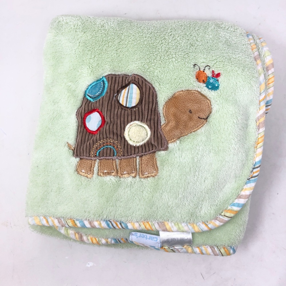 Carter's Baby Blanket Green Turtle Applique Stripe Trim Plush Fleece